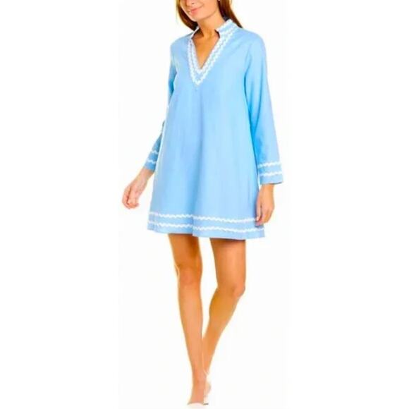 Sail to Sable Long Sleeve Linen Blend Tunic Dress Light Blue Rik Rak Trim Medium - Picture 1 of 7